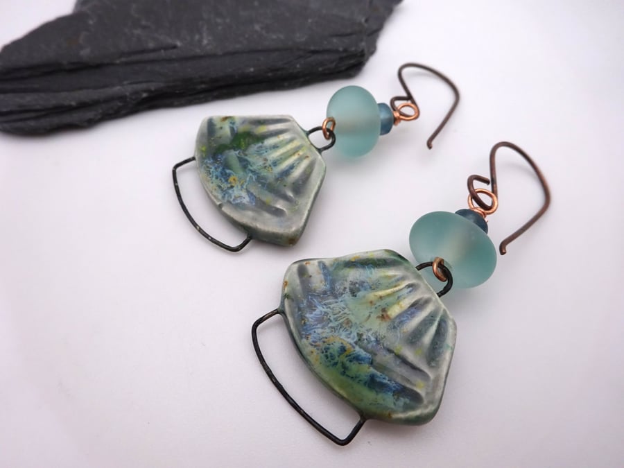 lampwork glass aqua earrings, ceramic jewellery