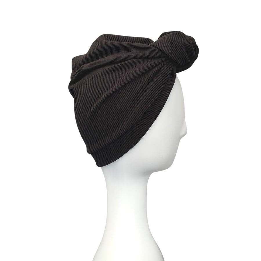 Soft Black Ribbed Jersey Front Knot Alopecia Women's Turban Head Wrap,  Chemo Hat