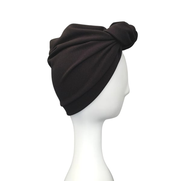 Soft Black Ribbed Jersey Front Knot Alopecia Women's Turban Head Wrap, Chemo Hat