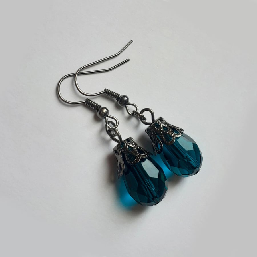Gunmetal Teal Green Gothic Crystal Teardrop Earrings