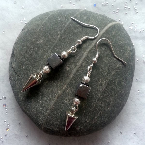 Hematite Cube and Spike Earrings - Black Silver Gothic Drop Earrings