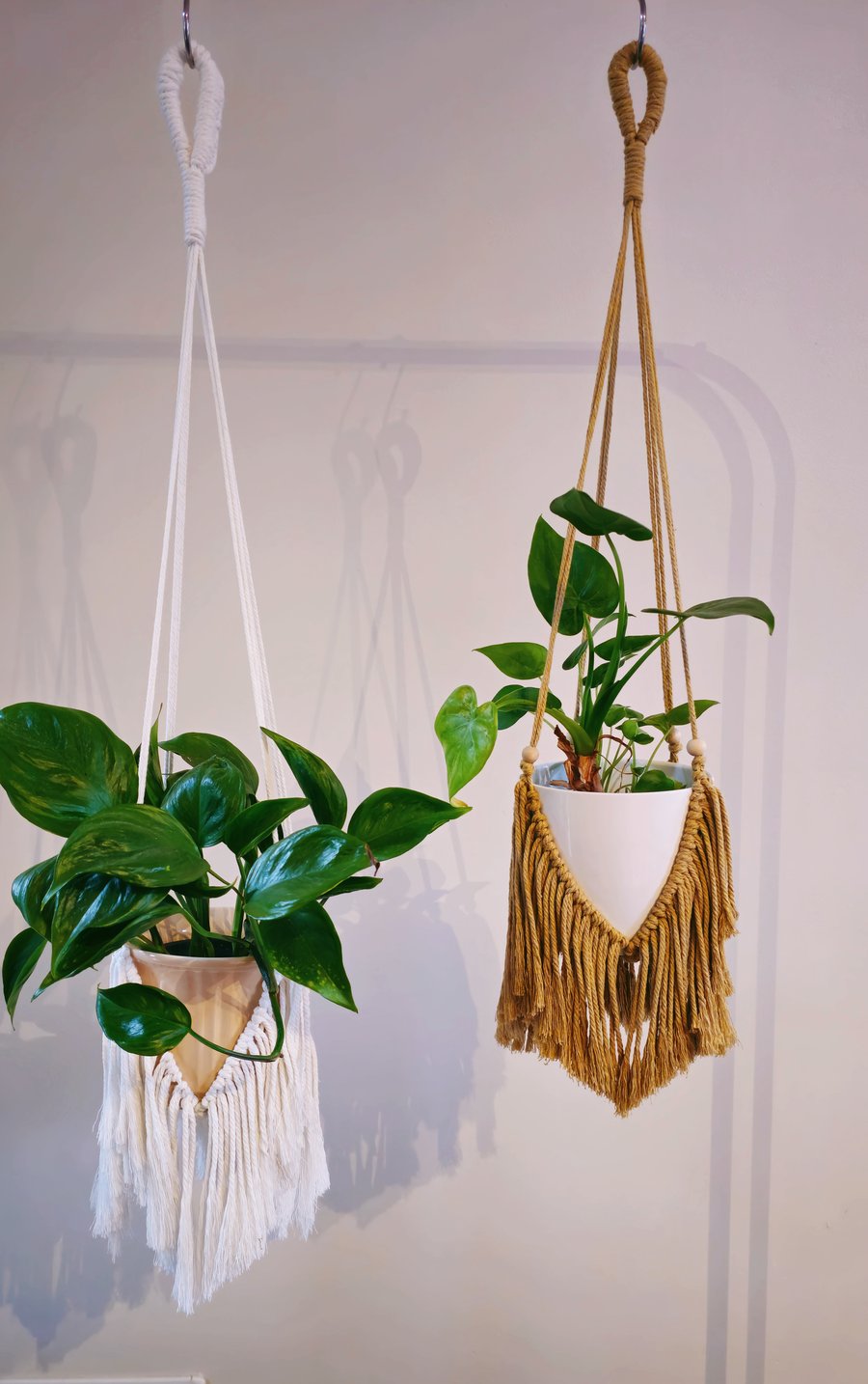 Set of 2 Boho Macrame Plant Hangers – White (80cm) & Coffee (65cm)