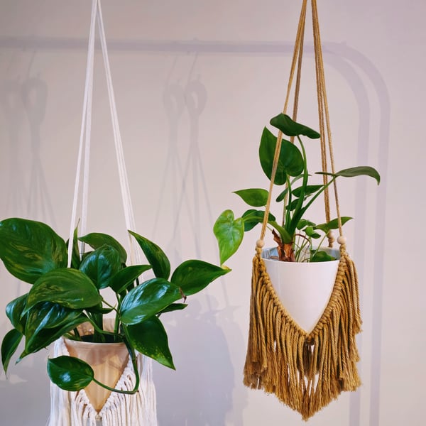 Set of 2 Boho Macrame Plant Hangers – White (80cm) & Coffee (65cm)