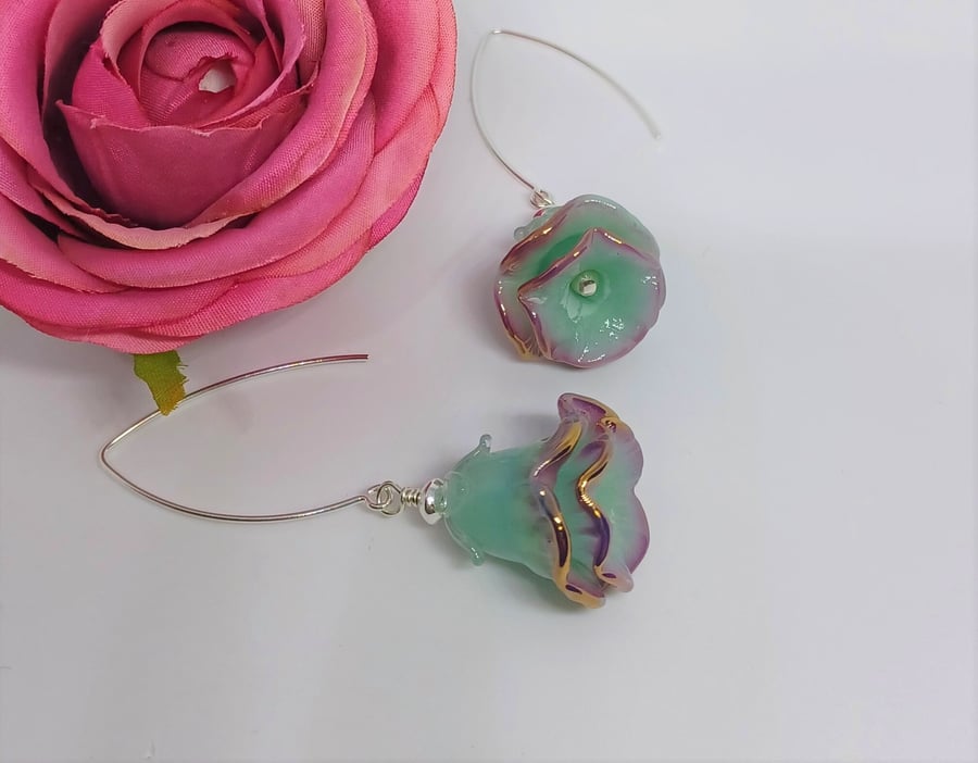 Green and Purple Lampwork Glass Bell Flower Earrings, Glass Flower Earrings, Sta
