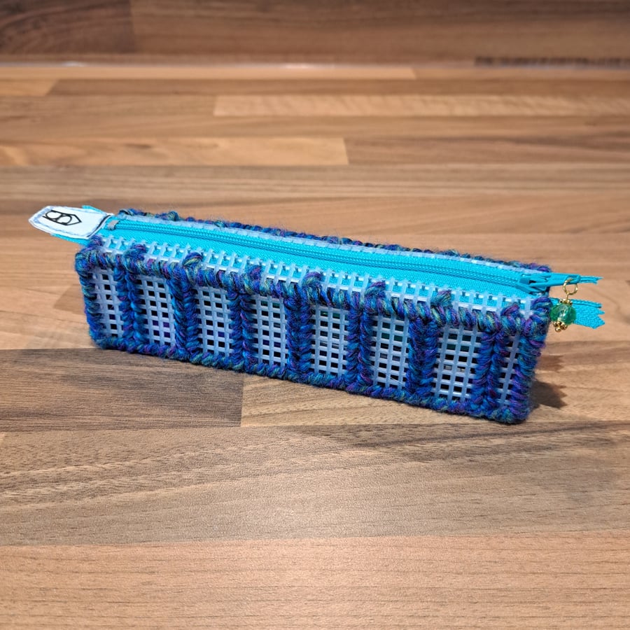 Pencil case - column pattern, blue, purple, green mix, blue zip, green charm