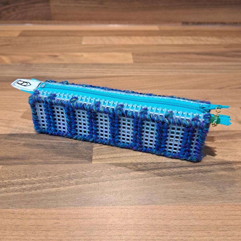 Pencil case - column pattern, blue, purple, green mix, blue zip, green charm