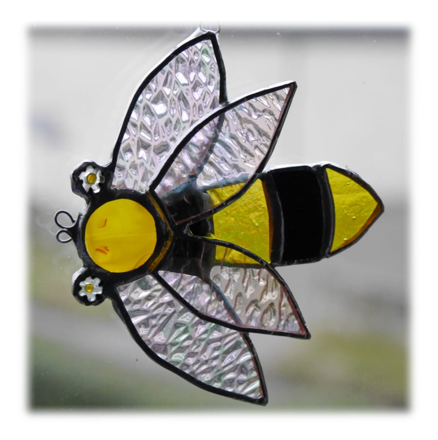 SOLD Bee Suncatcher Stained Glass Handmade Bumble Queen 018