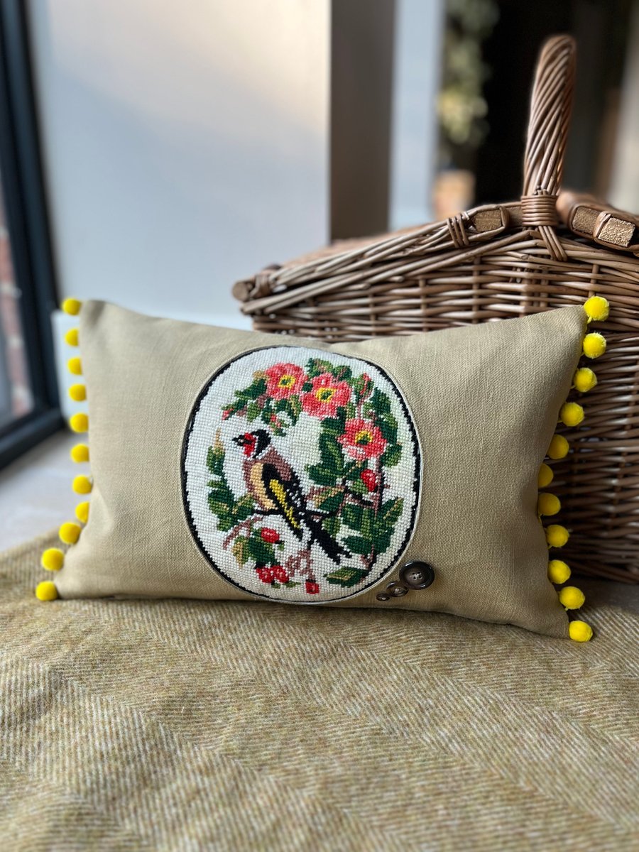 Reserved  - Goldfinch tapestry cushion cover with old buttons and pompoms