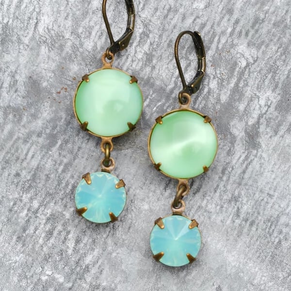 Dangle Earrings Vintage mint green moonstone Swarovski Crystal Blue Opal Drops