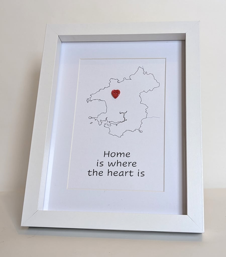 Pembrokeshire map in photo frame with heart button "Home is where the heart is"