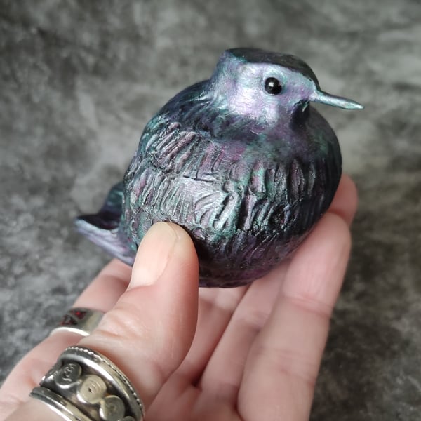 Baby Fledgling Ornament, Metallic Purple Green Little Bird Sculpture