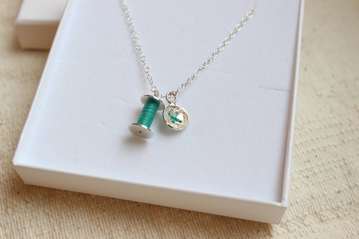 Cotton reel and button necklace, silver necklace, sewing necklace