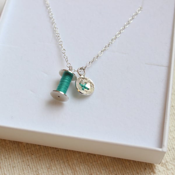 Cotton reel and button necklace, silver necklace, sewing necklace