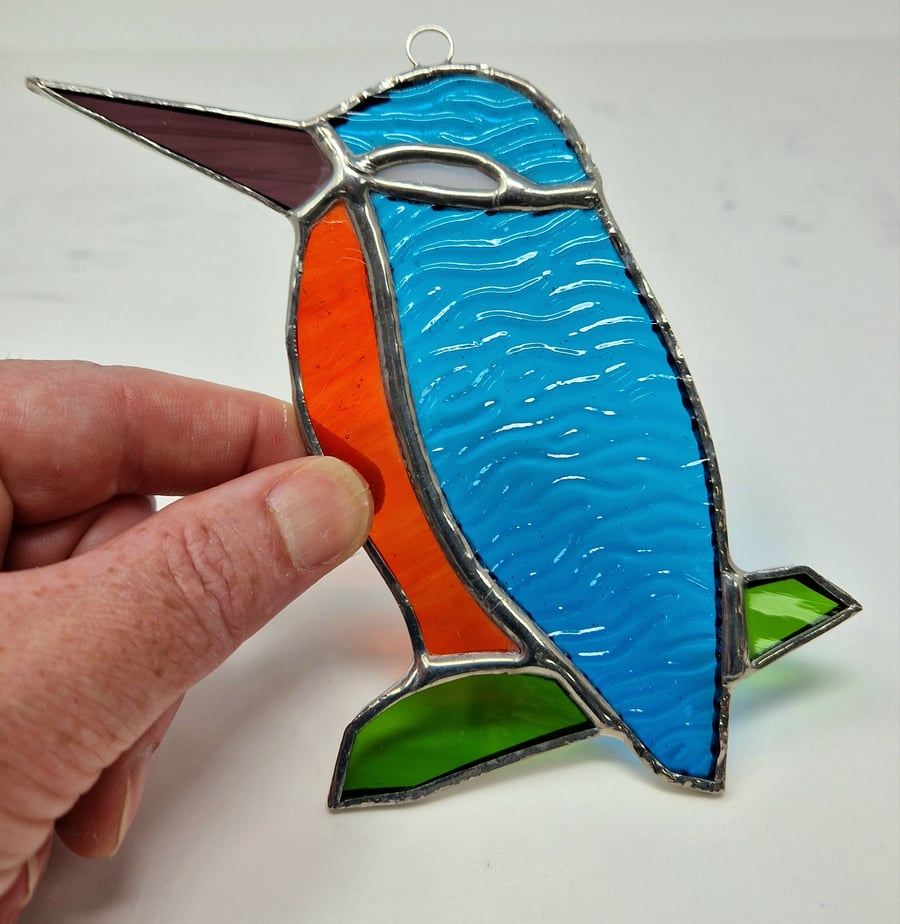 Stained glass kingfisher bird, turquoise and orange hanging decoration. 