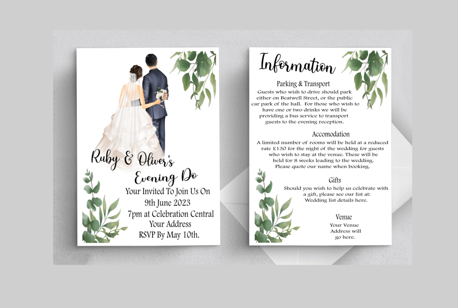 Bride & Groom Evening Wedding Invitation, Personalised Wedding Stationery
