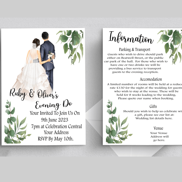 Bride & Groom Evening Wedding Invitation, Personalised Wedding Stationery