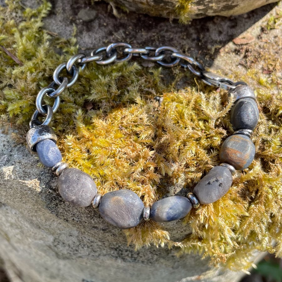 Sterling silver and raw sapphire chunky bracelet.