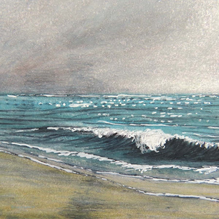 Original mixed media scene of a stormy beach with teal sea ready to frame