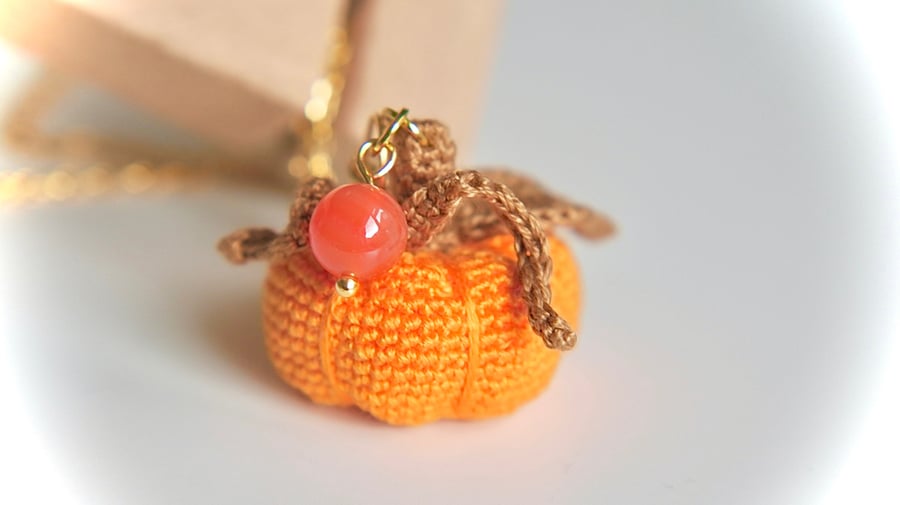 Halloween Orange Carnelian Crochet Pumpkin Pendant