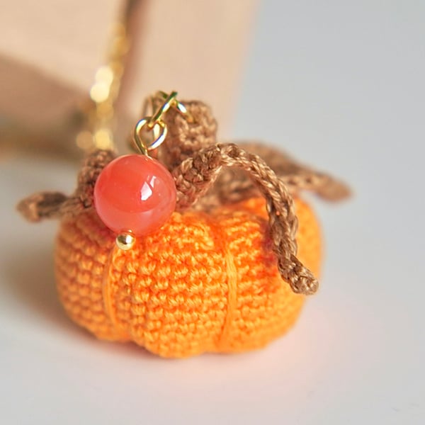 Halloween Orange Carnelian Crochet Pumpkin Pendant