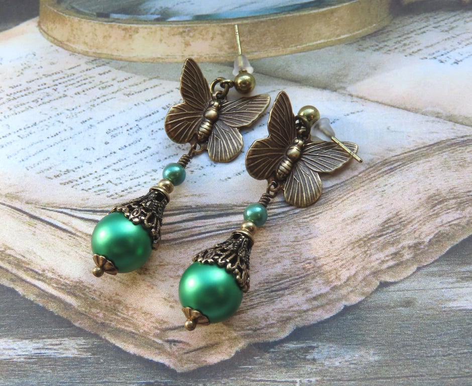 Victorian Style Green Crystal Pearls and Antiqued Brass Butterfly Earrings
