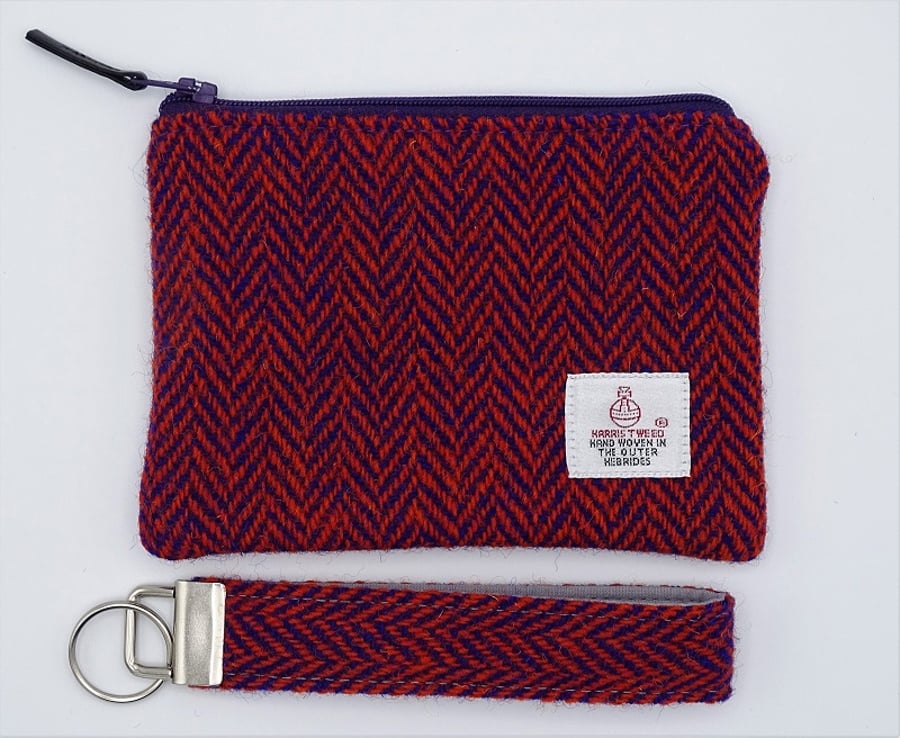 Gift set: large Harris tweed purse and keyring in purple and orange