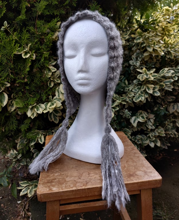 Handspun Hand-knitted Chunky Rib Hat; Long Point and Tassels in Pure Jacobs Wool