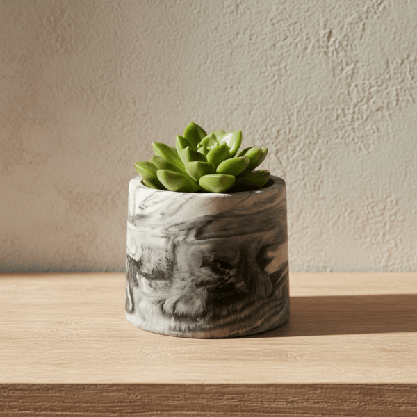 Small black and white marbled round plant pot, handmade indoor planter 7.5 cm