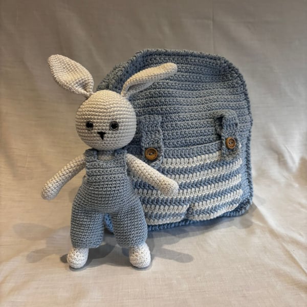 Handmade backpack for girls and boys with Amigurumi Bunny toy