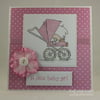 Handmade new baby girl card - baby in pram