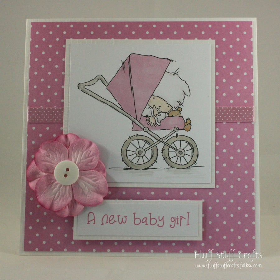 Handmade new baby girl card - baby in pram