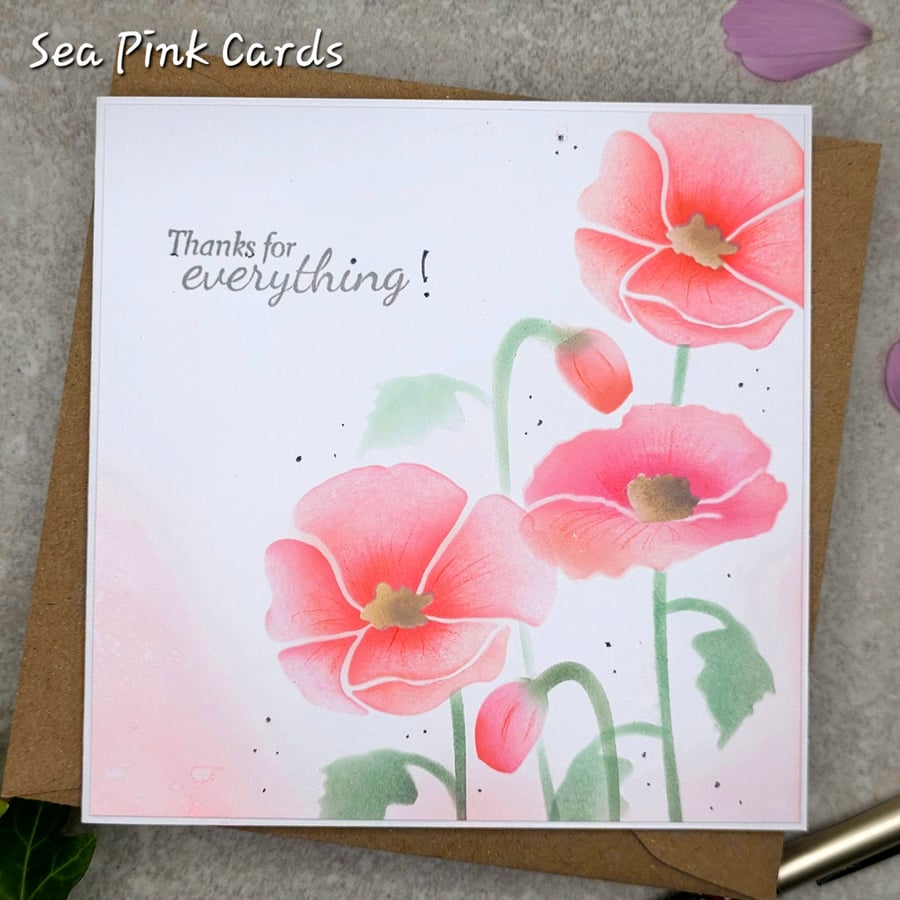 Poppy Thank You Card - cards, handmade, poppies, pink, sage green leaves 