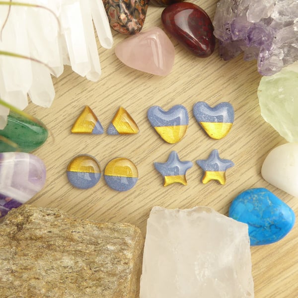 Gold Dipped Stud Earrings Hand Painted Polymer Clay Jewellery Blue Pink Grey