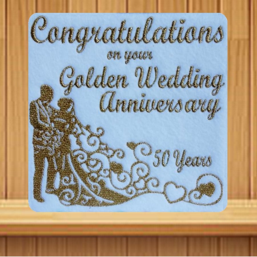 Handmade 50th Golden Wedding Anniversary Card embroidered design