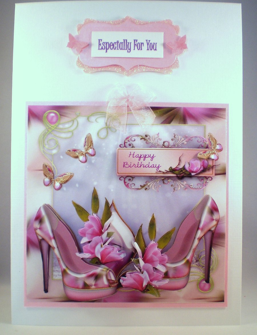 Handmade Decoupage, 3D Flowers and Shoes Birthday Card, Personalise