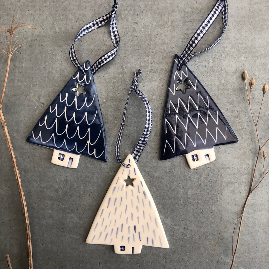 Set of three ceramic Christmas tree decorations 