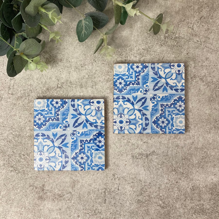 Bamboo Coasters Set of 2: Decoupage Blue Tile Effect - Home Decor, Dining, Gifts
