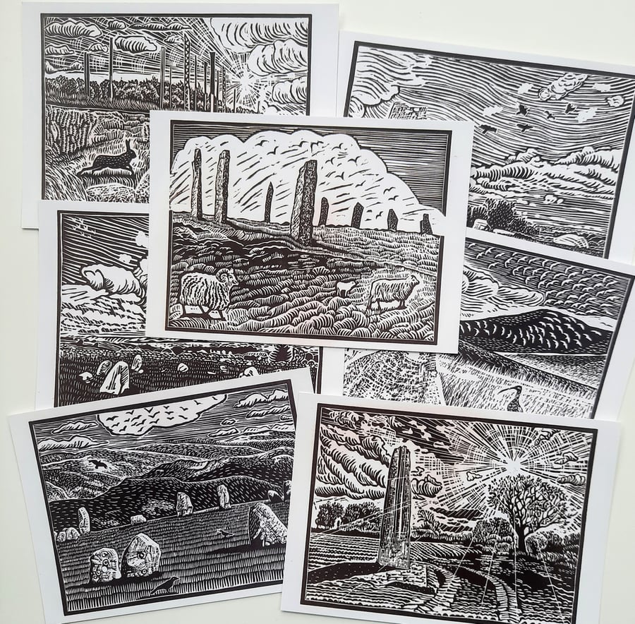 Seven A6 postcards depicting linoprint landscapes 