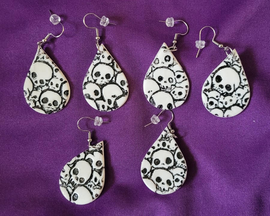 Handmade Polymer Clay Large Black and White Skull Earrings, 316 Stainless Steel