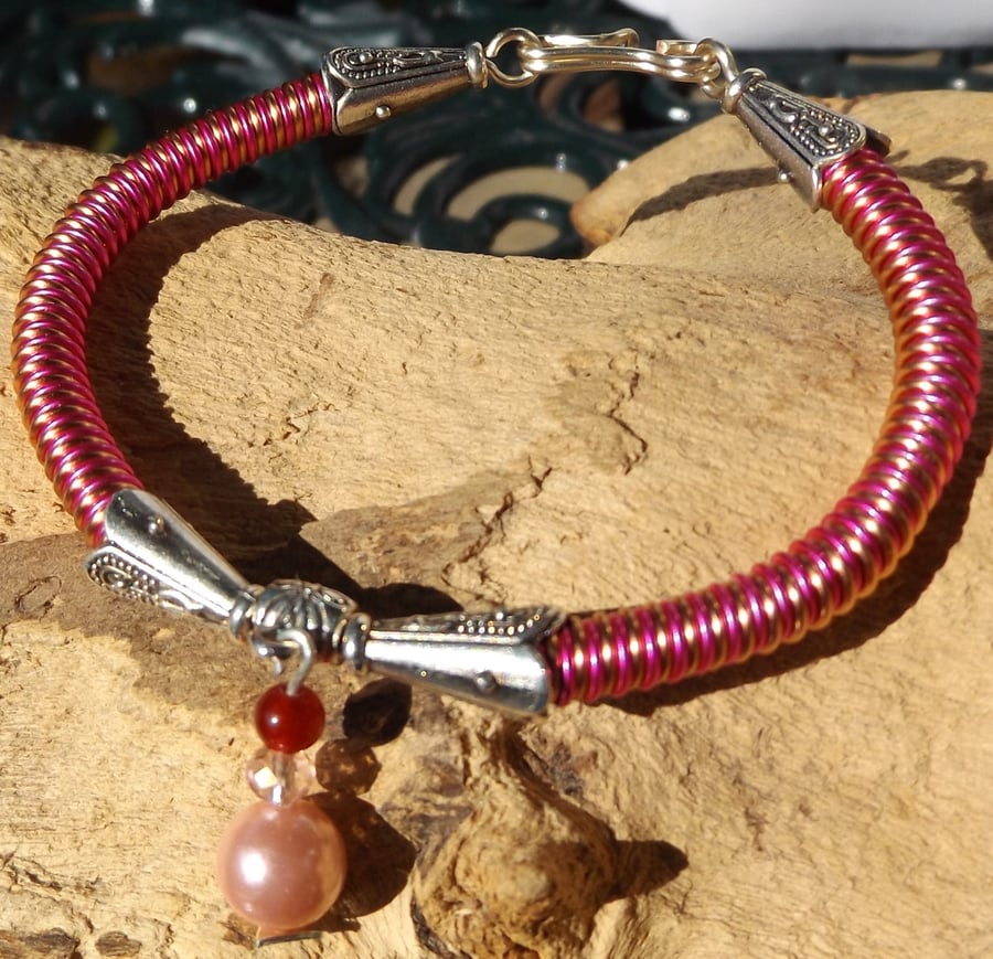 Pink and Copper wire bracelet with pink pearl a ruby and crystal