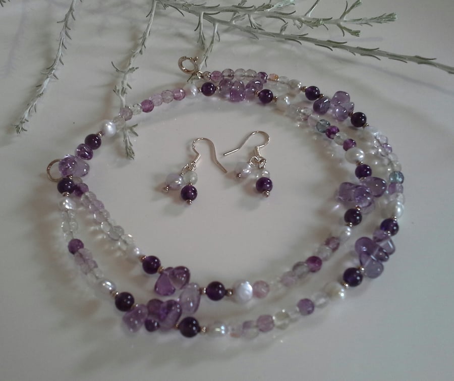  Amethyst  Fresh Water Pearls & Florite 925 Sterling Silver Necklace Set