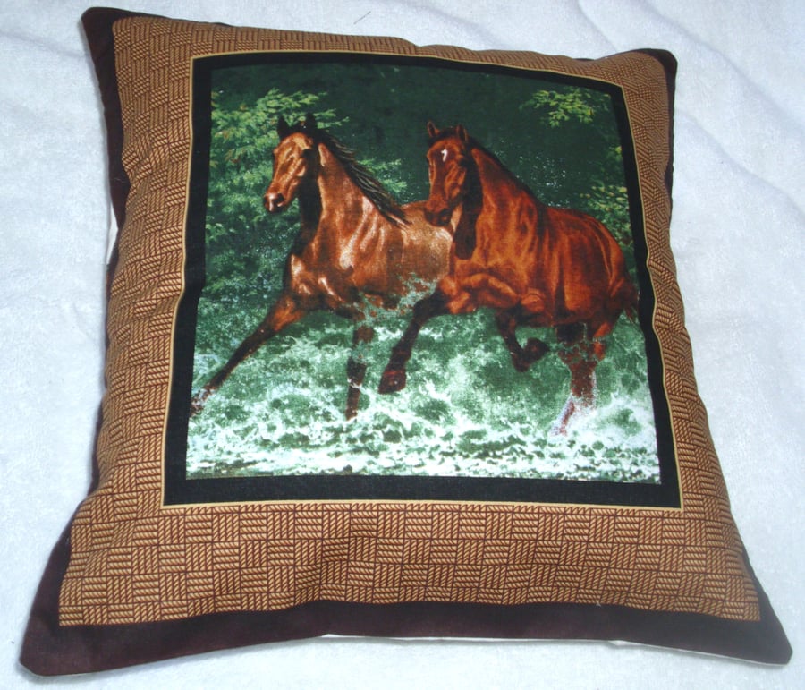 Two Wild horses galloping through a stream cushion