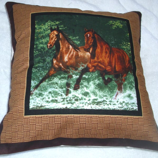 Two Wild horses galloping through a stream cushion