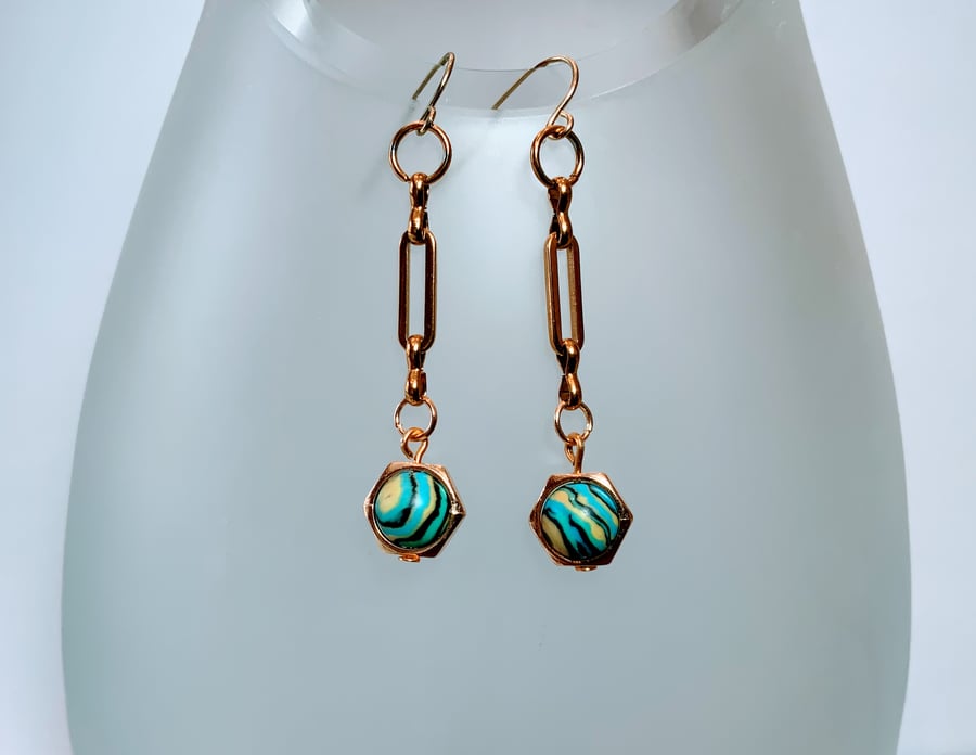 Gold Paperclip Chain Bead Earrings.