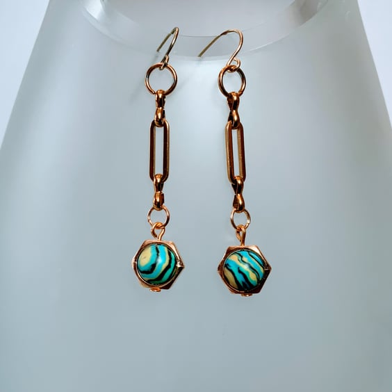 Gold Paperclip Chain Bead Earrings.