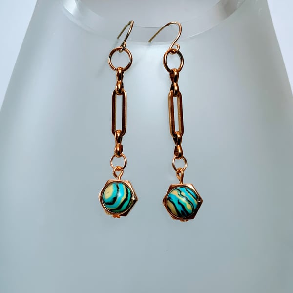 Gold Paperclip Chain Bead Earrings.