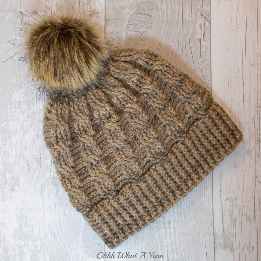 Ladies brown marl cable pom pom hat. Crochet hat. Ladies hat.