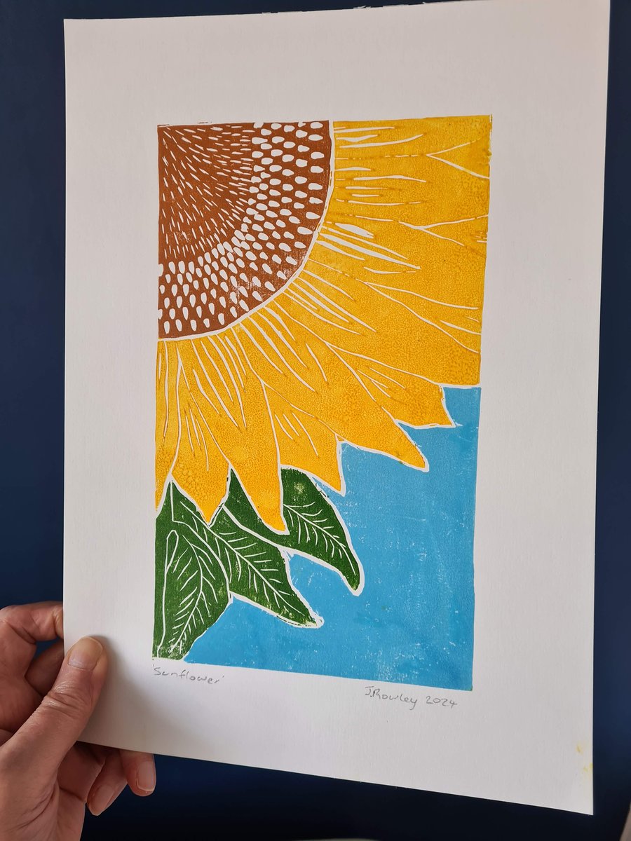 Sunflower original art lino print handprinted A4 size