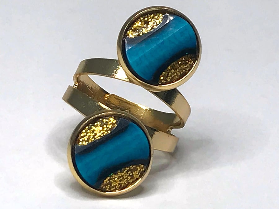 GLITTER BLUE RING double cabochon disco resin cool gold plated fits all sizes