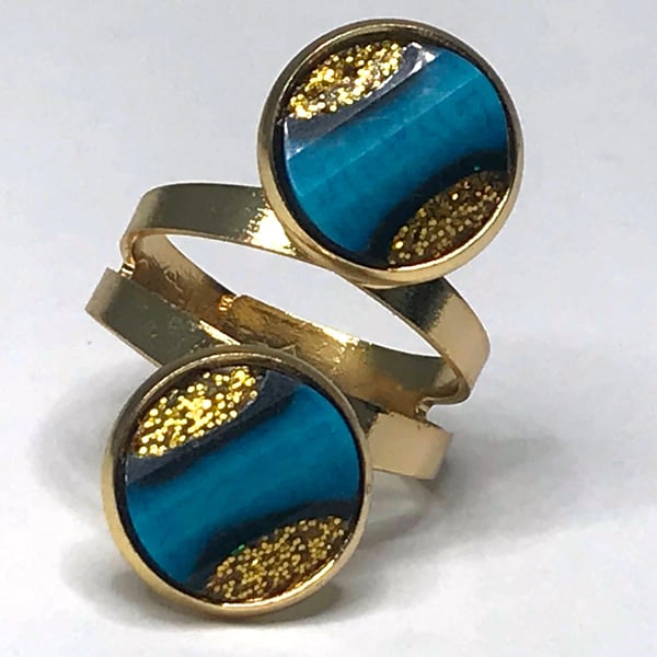 GLITTER BLUE RING double cabochon disco resin cool gold plated fits all sizes